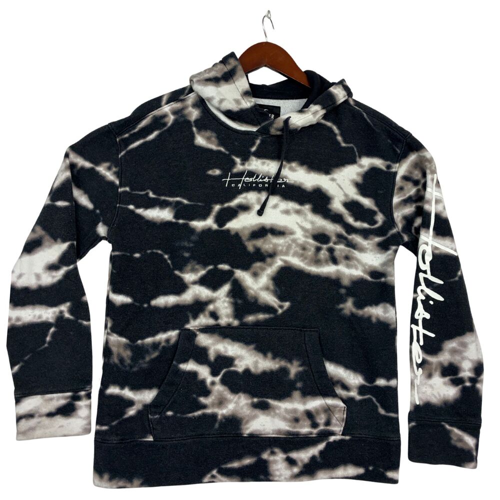 Hollister Must Have Hoodie Mens S Black Gray Tie Dye Pullover Logo Sweatshirt